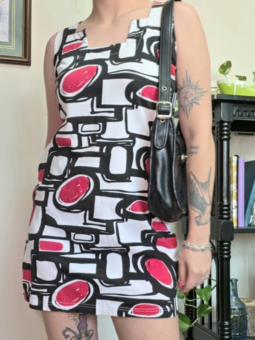 Vintage Geometric Print Dress White & Red Size S - Picture 5 of 6